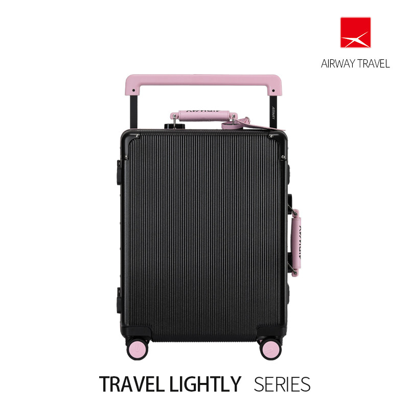 Airway wide trolley aluminum frame suitcase for women, carry-on suitcase, 20-inch travel case, BLACKPINK pink suitcase.