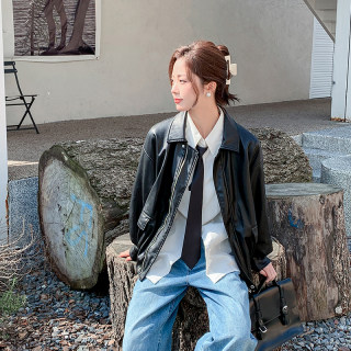 Fjfb loose motorcycle style short leather jacket for women