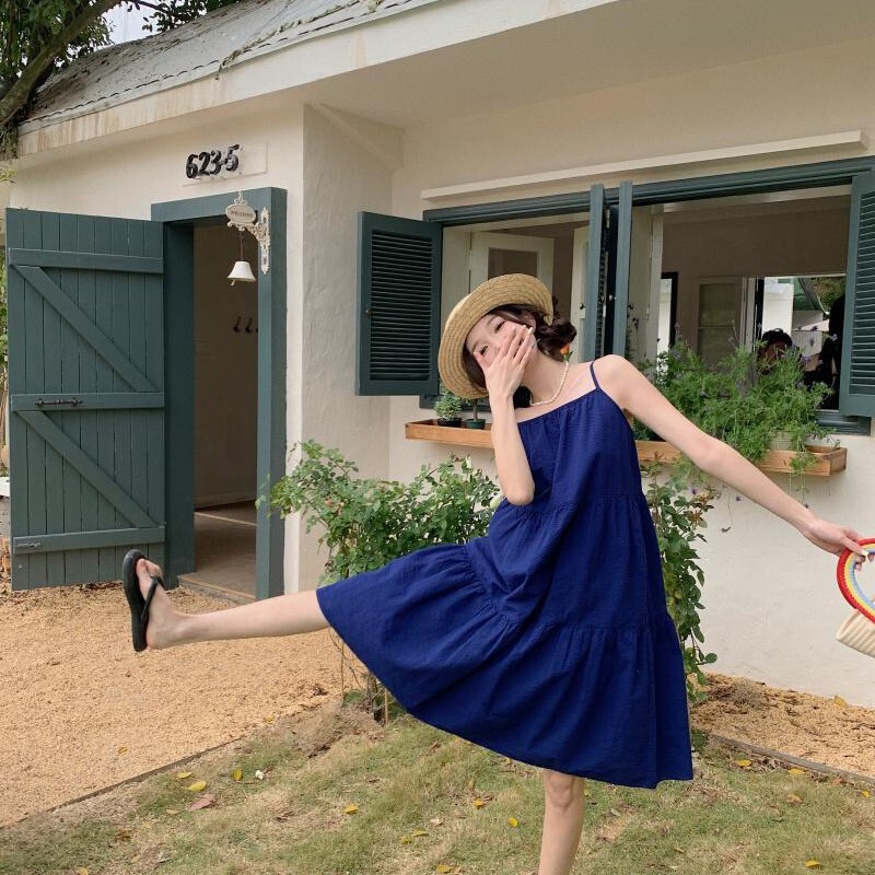 Klein Blue Women's Skirt Klein Blue Suspender Dress Women's Summer K-Style 2024 New Style Slimming Look for Small People