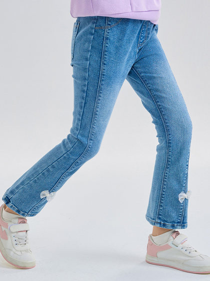 马克华菲女童牛仔裤春季新款蝴蝶结儿童喇叭裤侧缝显瘦柔软长裤