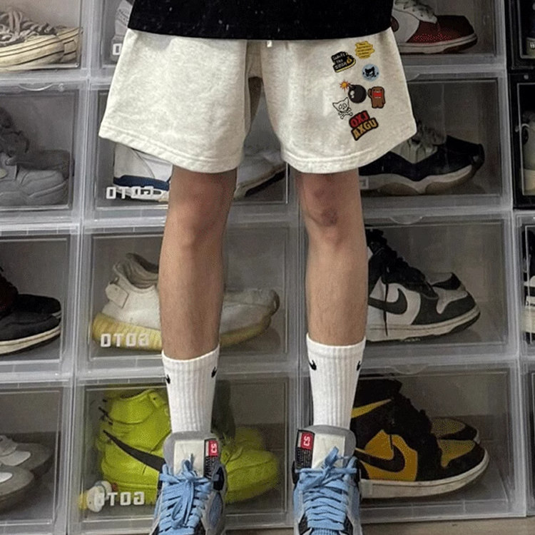 アメリカのハイストリート系トレンディブランド、楽しいプリント柄、カジュアル、ゆったりとした五点パンツ、夏用バスケットボールスポーツショーツ、ドローストリング付き、メンズ