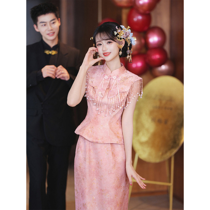 Pink New Chinese-Style Engagement Dress, Modernized Cheongsam Set, Sweet Toast Dress, Bride's Wedding Banquet Casual Wear, Morning Gown