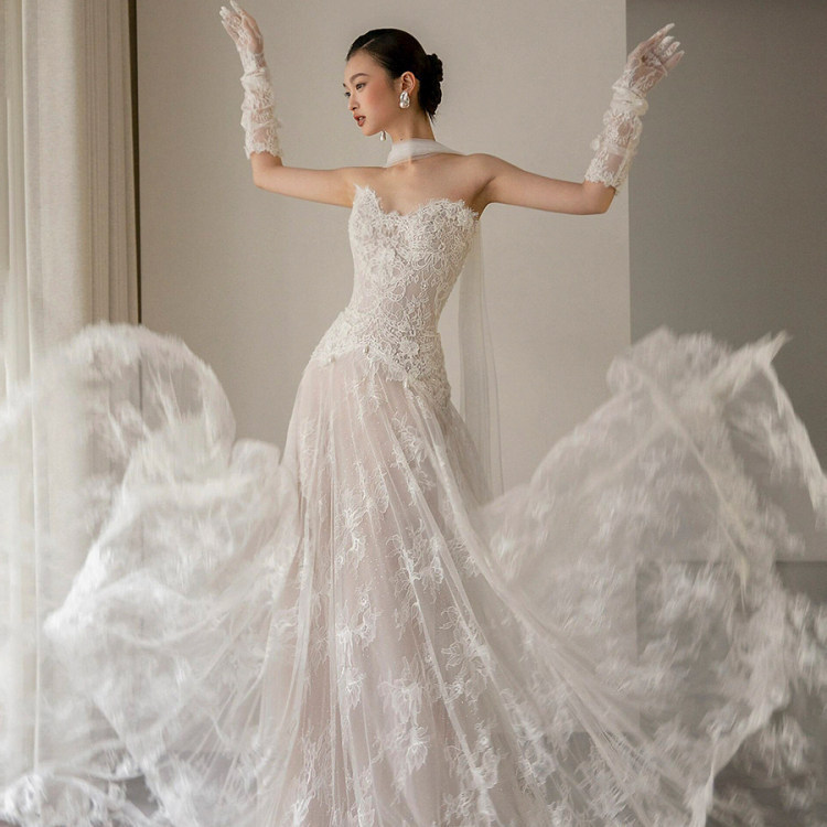 Strapless Light Wedding Dress for Women, Super Fairy-Like White Lace Reception Dress, Niche and Stunning Morning Gown, Engagement Dress
