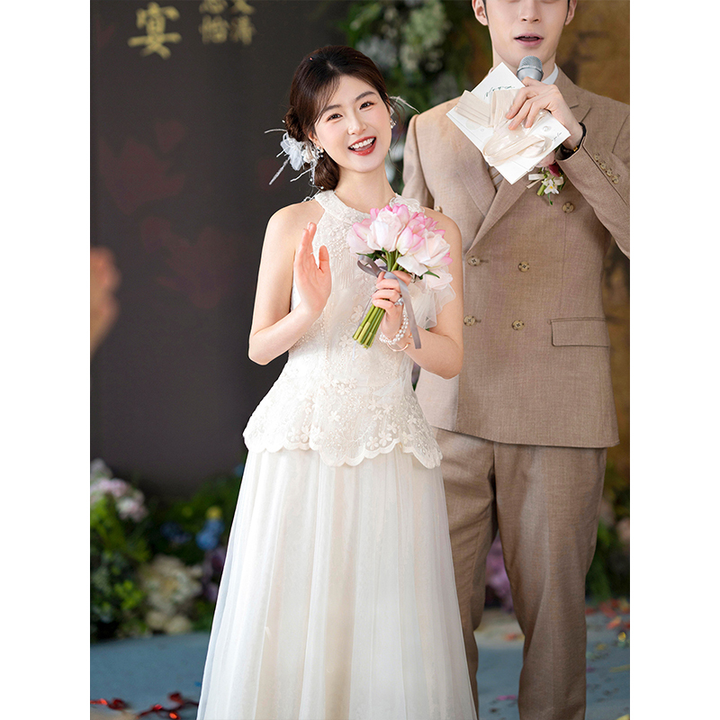 2026 New Engagement Dress, White Dress for Marriage Registration, Toast Dress, Bride's Casual Dress for Wedding Banquet, Morning Robe for Returning Home