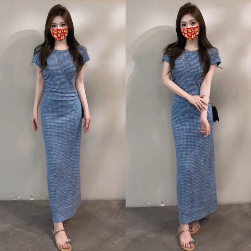 French-Style High-End Blue Polka-Dot Short-Sleeved Dress for Women in Summer, Pleated Waist, Slimming, Casual, Arm-Covering Long Skirt