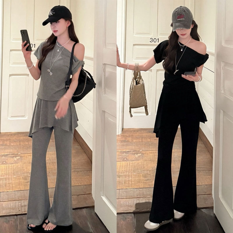 Summer Outfit: a Complete Set of Korean-Style Pure and Desirable Fashion Casual Off-Shoulder Short-Sleeve T-Shirt and Flared Pants Two-Piece Set