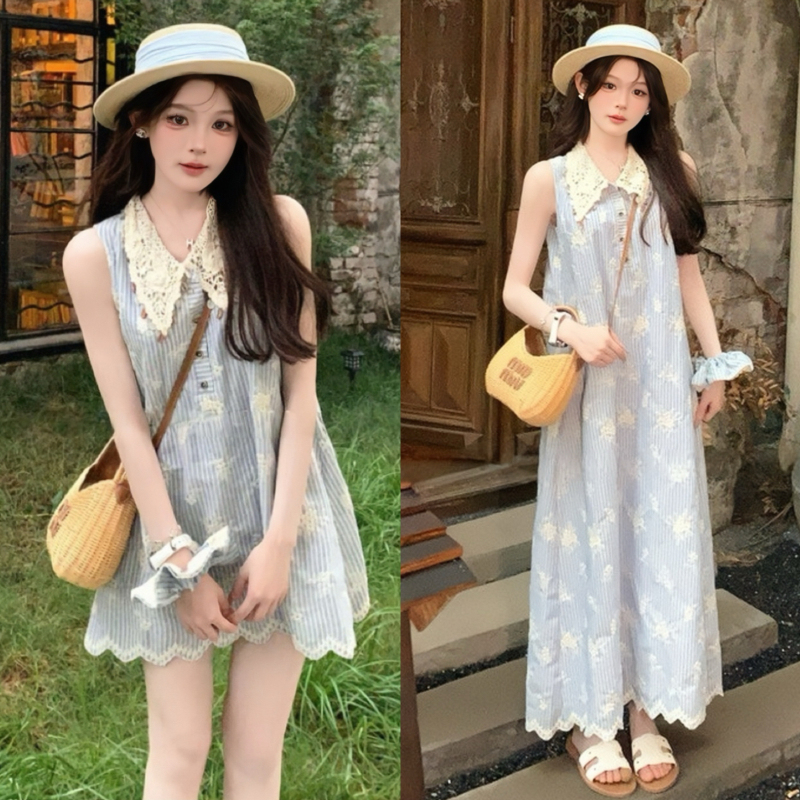 French-Style High-End Lace Splicing Doll Collar Sleeveless Dress for Women, Summer Seaside Vacation Style Elegant Tank Dress French-Style High-End Lace Splicing Doll Collar Sleeveless Dress for Women, Summer Seaside Vacation Style Elegant Tank Dress