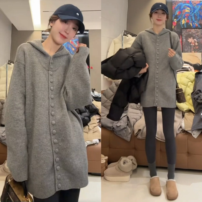 Gray Hooded Sweater Jacket for Women, Early Spring, Lazy Style, High-End, Loose, Stylish, Mid-Length, Knitted Base Layer Top