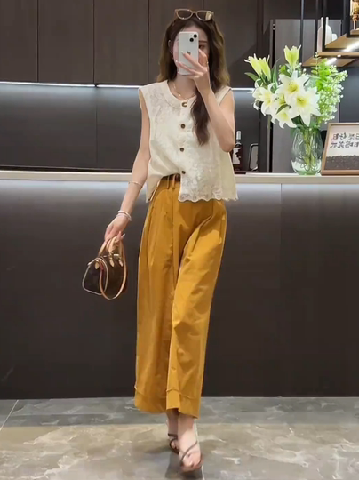 今年流行的夏装套装镂空无袖上衣阔腿裤小个子显高时尚减龄两件套