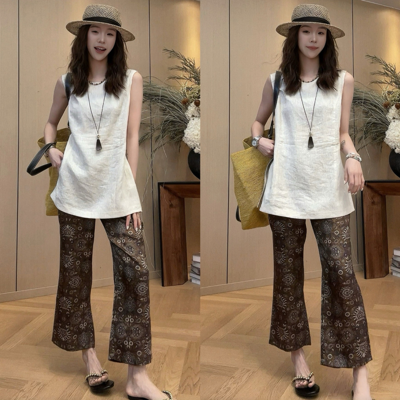 2026 Super Trendy Summer Outfit, a Complete Set of Korean-Style Old Money Fashion, Waist-Cinching Sleeveless Top with Printed Flared Pants, Two-Piece Set 2026 Super Trendy Summer Outfit, a Complete Set of Korean-Style Old Money Fashion, Waist-Cinching Sleeveless Top with Printed Flared Pants, Two-Piece Set