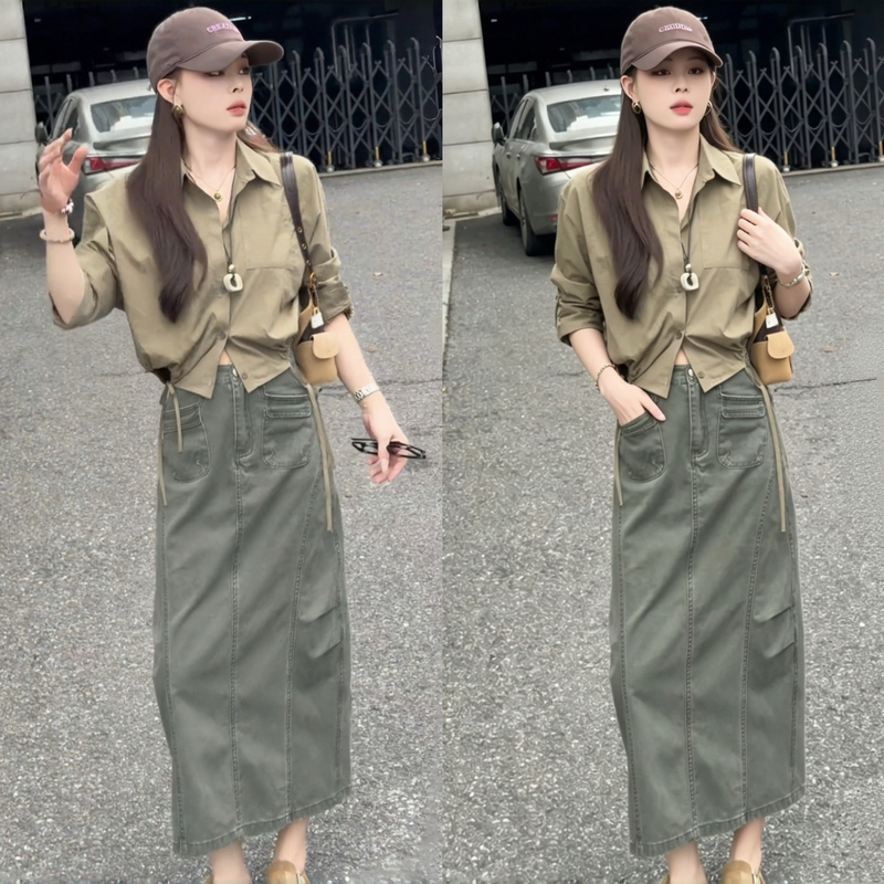 A Complete Set of Korean-Style Ootd Outfits for Early Autumn, New Design Drawstring Long-Sleeved Shirt and Workwear Skirt Two-Piece Set A Complete Set of Korean-Style Ootd Outfits for Early Autumn, New Design Drawstring Long-Sleeved Shirt and Workwear Skirt Two-Piece Set