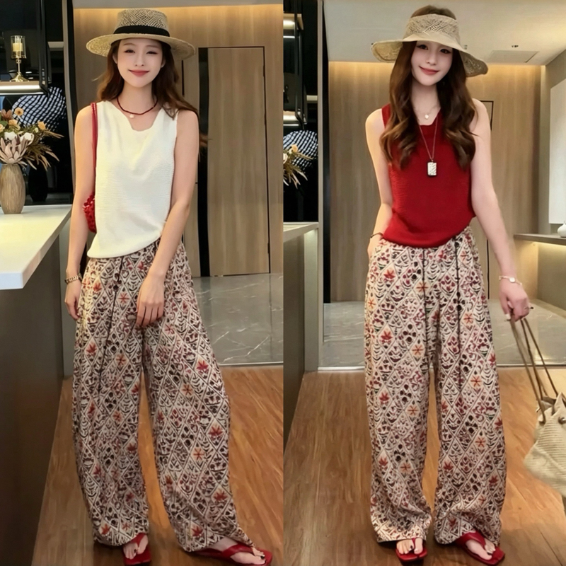 2026 Super Popular Summer Outfit, a Complete Set of Korean-Style Lazy Fashion, Off-Shoulder Sleeveless Vest with Printed Wide-Leg Pants Two-Piece Set 2026 Super Popular Summer Outfit, a Complete Set of Korean-Style Lazy Fashion, Off-Shoulder Sleeveless Vest with Printed Wide-Leg Pants Two-Piece Set