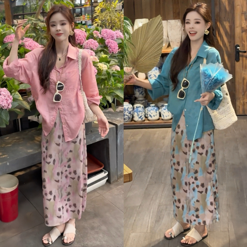 Very Stylish Summer Outfit Set 2026, Super Popular Korean Style, Lazy Vacation Style, Sun-Protective Shirt, Printed Skirt Set