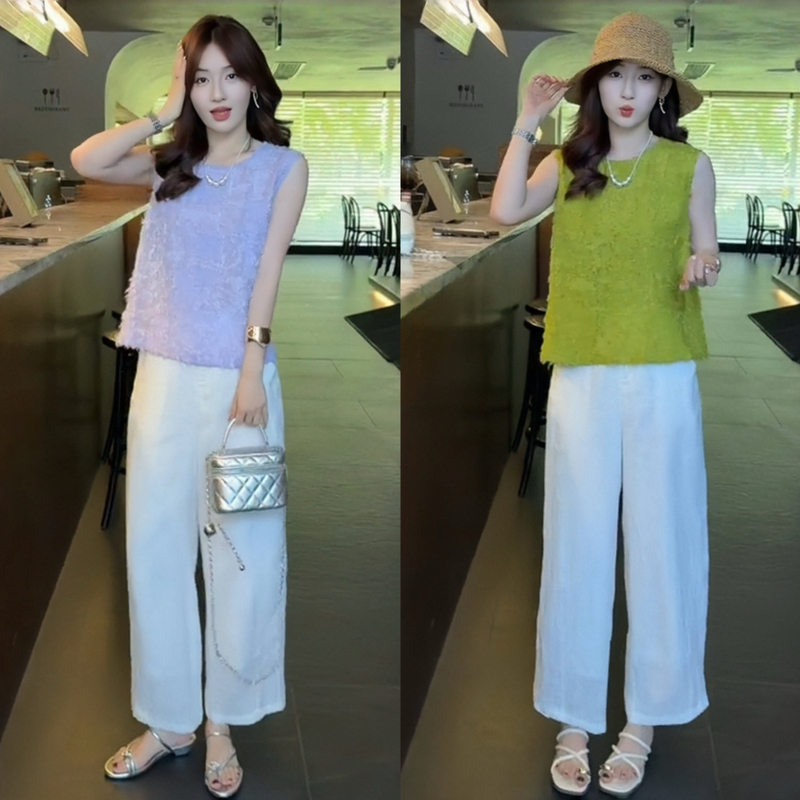 A Complete Set of Summer Clothes with Generous and Elegant, New Chinese Style Tassel Sleeveless Vest Top, Wide-Leg Pants Two-Piece Set