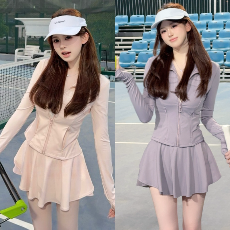 European Fashion Sports Casual Sun Protection Suit for Women, Summer Yoga Wear, Feather Tennis Zipper Jacket, Short Skirt Two-Piece Set