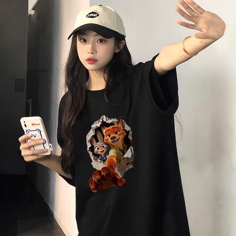 黑色短袖T恤女装2026夏季新款狐狸兔子纯棉时尚宽松百搭上衣体恤