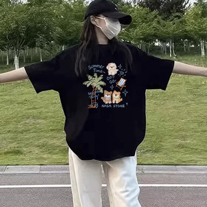 Pure Cotton Design with Unique Print, Black Short-Sleeve T-Shirt for Women, 2026 New Summer Outdoor Sports Loose Top