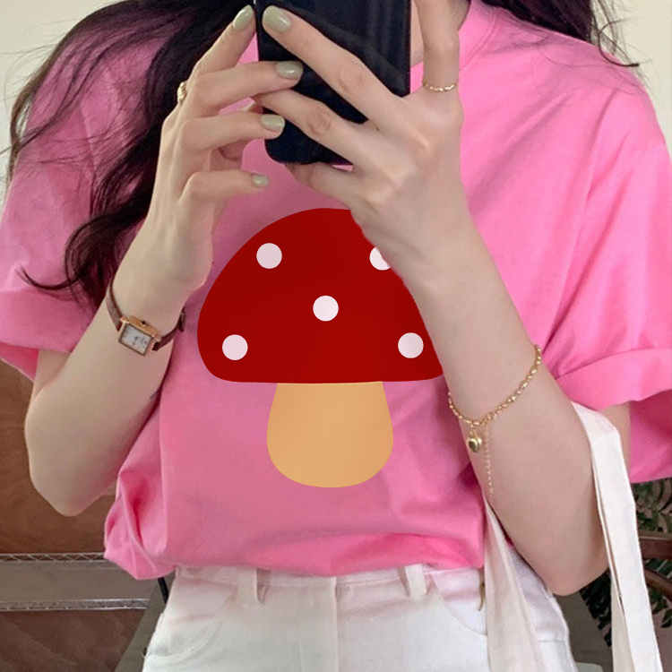 Heavyweight Pure Cotton Pink T-Shirt for Women, Short-Sleeved, Summer New Style, Cartoon Mushroom, Loose Fit, Versatile, All-Cotton Half-Sleeve, Simple Pink Tee Heavyweight Pure Cotton Pink T-Shirt for Women, Short-Sleeved, Summer New Style, Cartoon Mushroom, Loose Fit, Versatile, All-Cotton Half-Sleeve, Simple Pink Tee