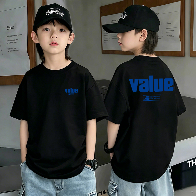 Black Children's Short-Sleeve T-Shirt for Boys, Pure Cotton, Summer 2026 New Style, Simple English Design, Versatile Top for Older Children