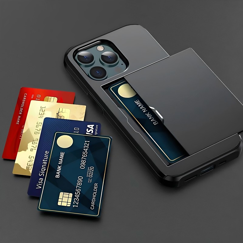 Sliding Card Holder Case Suitable for iPhone 17 Pro Max Phone Case, 16 Pro Business, 14 Apple, 17 Air Hidden Compartment, 15 Plus Card Holder Protective Case, 13 Anti-Drop, 12 Card Slot, 11 Photo Holder