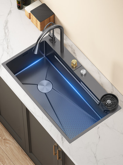 Raindance Waterfall Nano Sus304 Stainless Steel Sink Kitchen Countertop Upper, Middle and Lower Vegetable Basin Left Side Drainage Large Single Tank