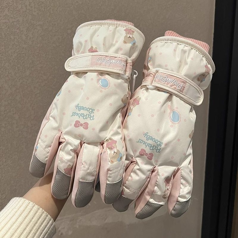 女性用ピンククマ柄スキーグローブ、2024年冬新作、タッチスクリーン対応、フリース裏地付き、暖かく防水性があり、電動自転車に乗る学生向け。