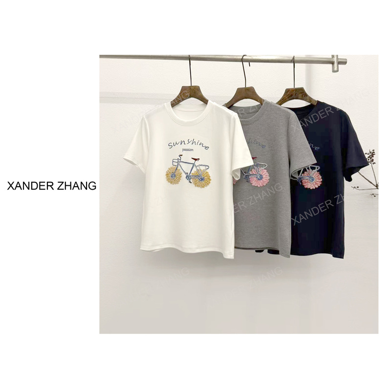 Heavy Embroidery Small Bicycle Age-Reducing Short-Sleeved T-Shirt Ybt1K213 Versatile Fashionable Quality Feel
