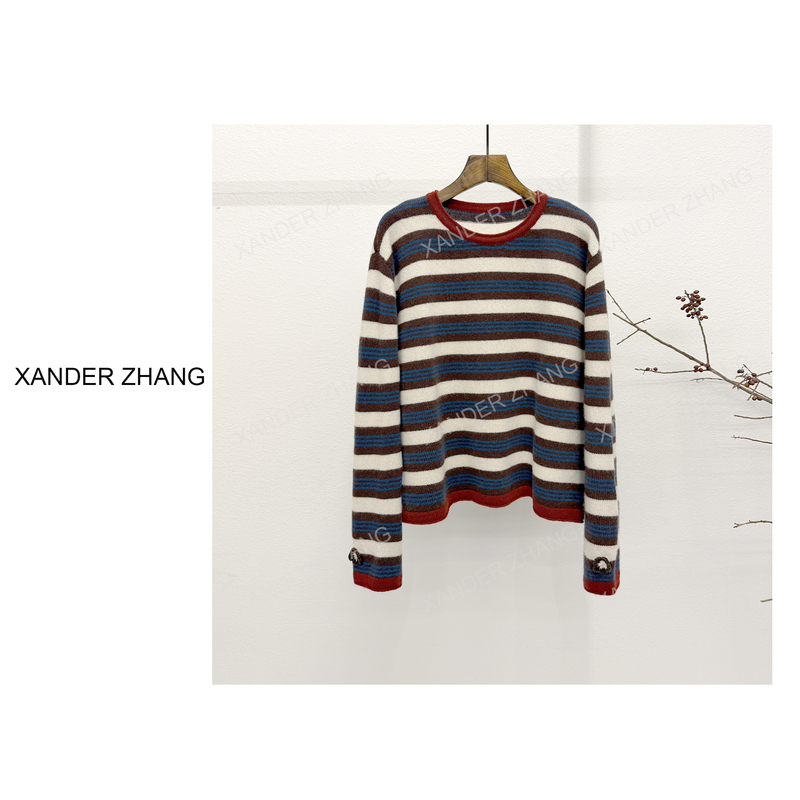 Fashionable and Artistic Style, All-Wool Yarn-Dyed Striped Sweater Ybms1K911, Versatile, Relaxed Fit, Slimming Effect Fashionable and Artistic Style, All-Wool Yarn-Dyed Striped Sweater Ybms1K911, Versatile, Relaxed Fit, Slimming Effect