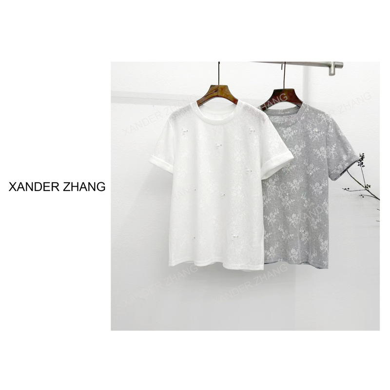 Lace Composite Exquisite Beading Versatile Short-Sleeved T-Shirt Ybt1K226 Slimming French Fashion