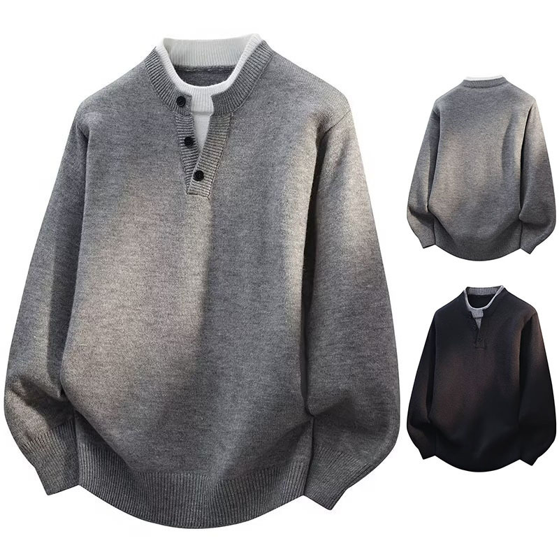 Men's Sweater for Autumn and Winter, Thickened and Fleece-Lined, Trendy Men's Knitwear, Student Tops, Knitted Clothing, Base Layer Shirt