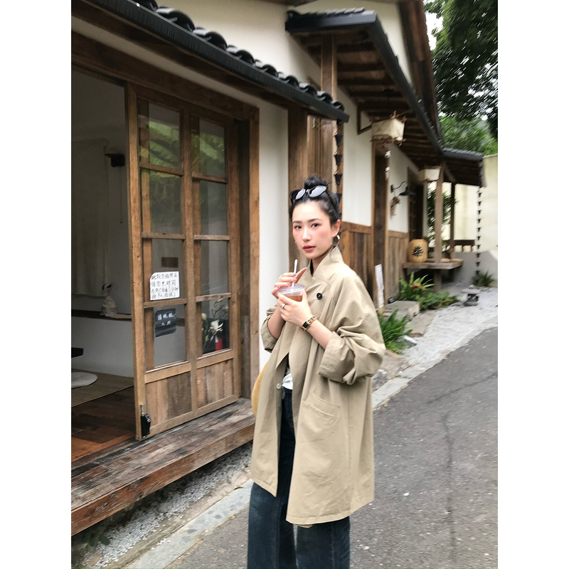 Isaro Uu Custom-Dyed Enzyme Wash Series~Autumn Magazine Style Stand-Up Collar Single-Button Loose Silhouette Trench Coat