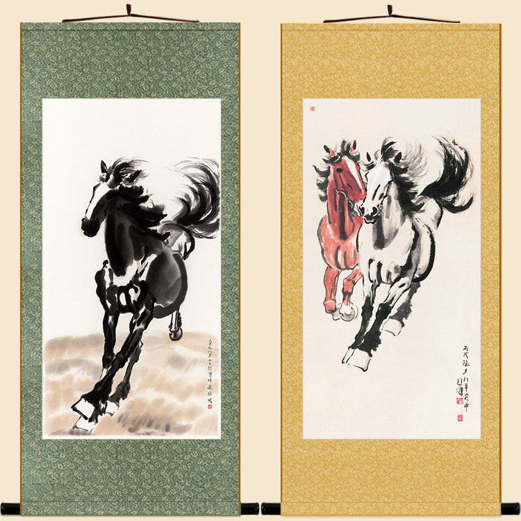 徐悲鴻平原奔馬圖馬到成功雙馬圖駿馬卷軸畫掛畫書房客廳裝飾畫 