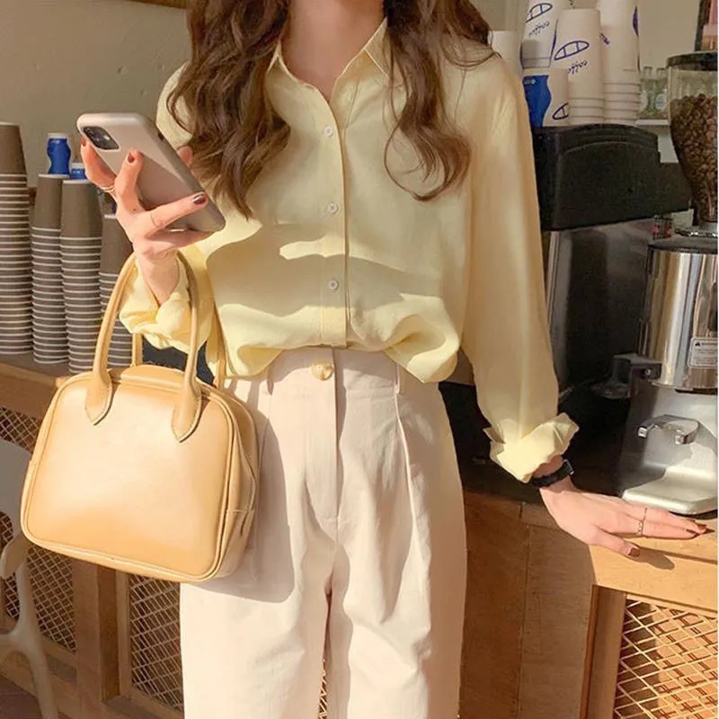 Korean Style Cream Yellow Shirt for Women, Chiffon Top, Gentle and Versatile, Drapey, Loose, Long-Sleeved Shirt Jacket for Spring and Autumn
