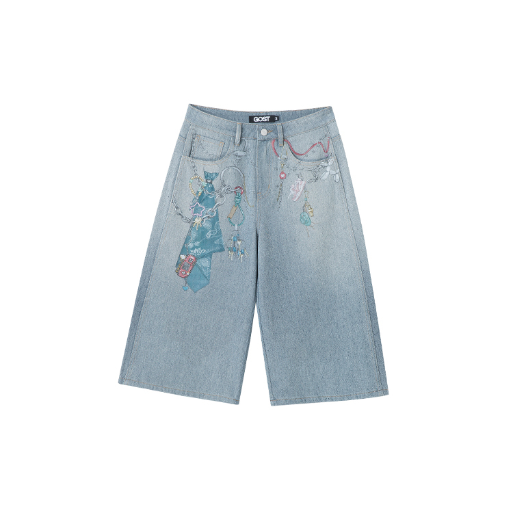 Gost Realistic Chain Print High Street Fun Print Denim Mid-Length Pants Loose Slimming Design Shorts Casual Pants