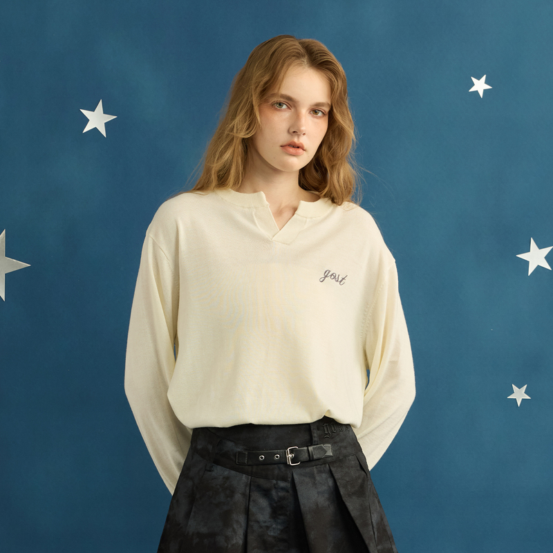 Gost Trendy Brand Versatile Basic High-End Skin-Friendly Henry Collar Lightweight Inner Layer Wool-Blend Knit Sweater with a Lazy Style