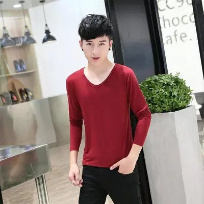 Phương thức mỏng nam dài tay t- shirt bông v- cổ mỏng đáy áo màu rắn thanh niên mùa thu quần áo t- áo sơ mi thủy triều