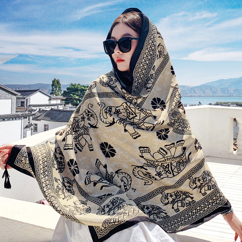 Ethnic Style Scarf, Sun Protection Shawl for Women, Yunnan Qinghai Grassland Travel Outfit, Silk Scarf, Seaside Beach Gauze Scarf, Thin Style