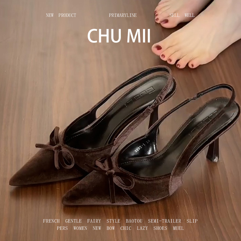 Sheepskin Version~French-Style Bow-Tie Pointed-Toe High-Heeled Shoes for Women, Thin-Heeled Velvet Shallow Sandals, Versatile with Skirts and Single Shoes