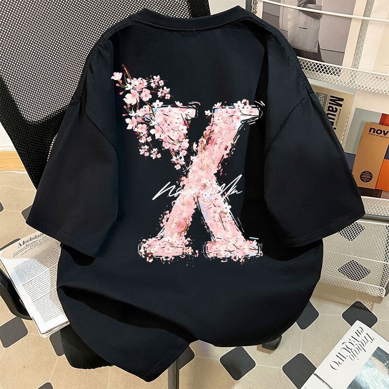 American-Style Trendy High-Street Design Cherry Blossom X Pure Cotton Short-Sleeve T-Shirt for Men and Women, Summer Loose Half-Sleeve Top