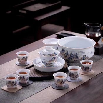 Jingdezhen Ceramics Thousand Miles of Rivers and Mountains High-End Kung Fu Tea Set with Covered Bowl for Home Use, Luxury 2026 New Model