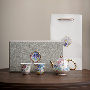 Enamel Colored Filigree Silver Tea Set with One Pot and Two Cups, Home-Use Ceramic Tea-Water Separation Teapot, Small Single Pot