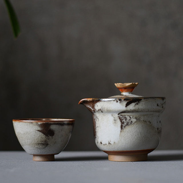 Jingdezhen wood-burning retro pure handmade covered bowl hand-held pot with lid for tea bowl tea cup single high-end Kung Fu tea set