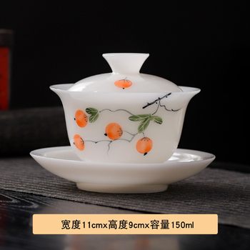 Hand-Painted White Porcelain Three-Piece Gaiwan Tea Cup with Lid, High-End Single Tea Bowl with Lid, Ceramic Kung Fu Tea Set