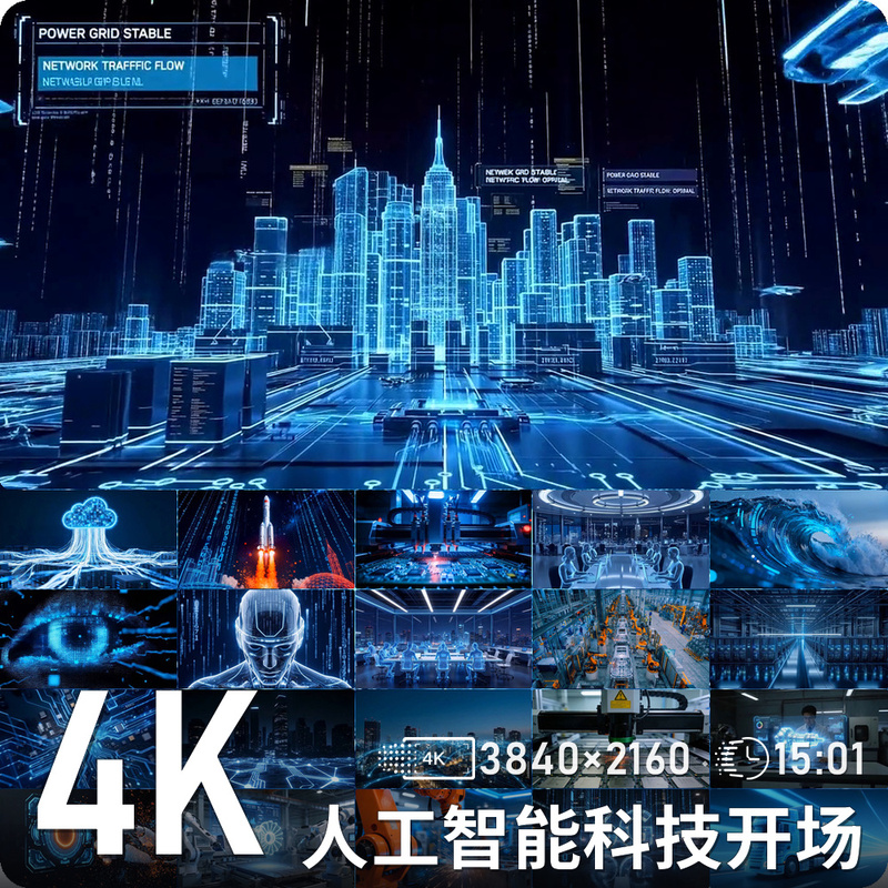 Blue Artificial Intelligence Robot Future City Chip Light and Shadow Technology High-Definition Dynamic Background Video Material
