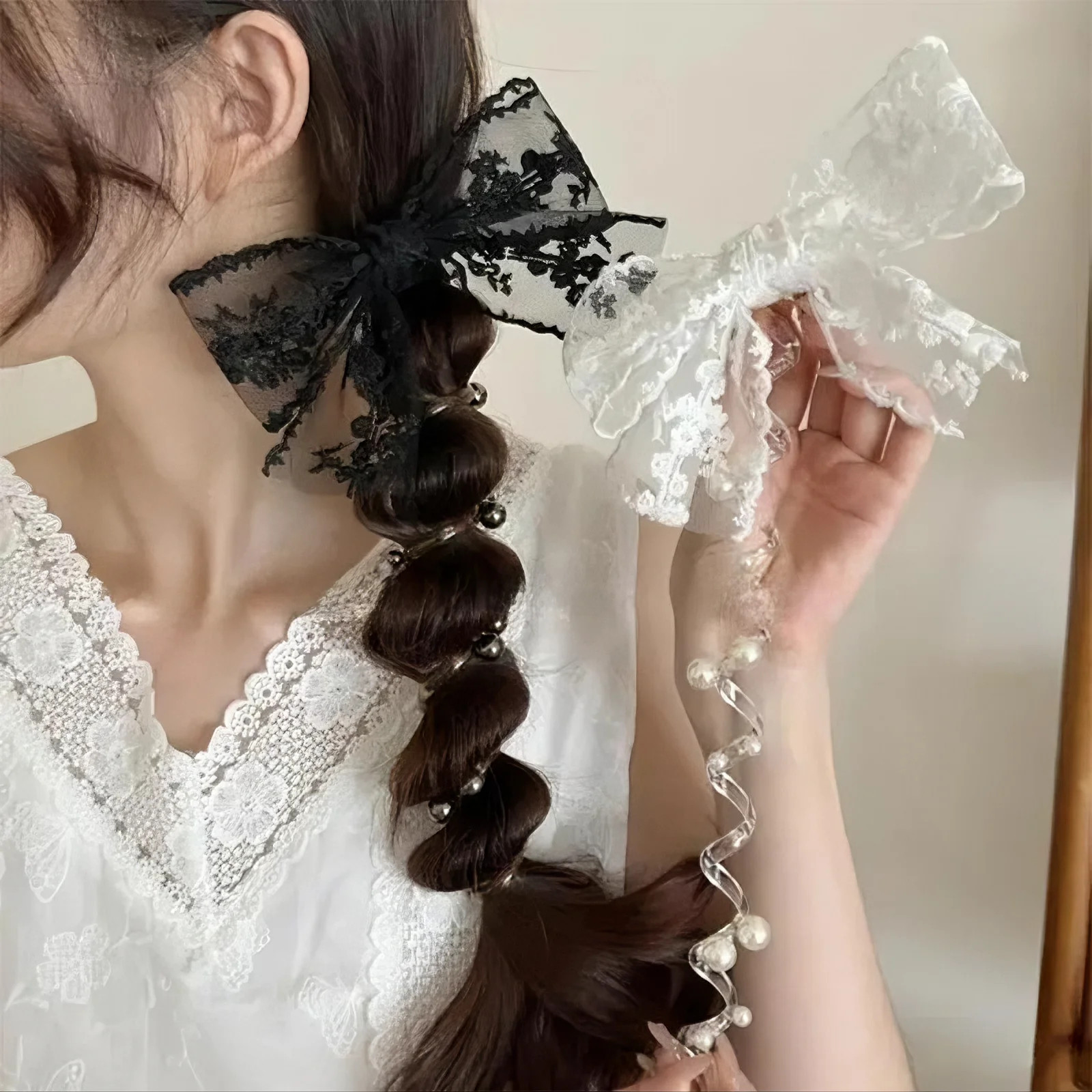Lace bow bubble braid telephone ring, 2025 new high-end ponytail hair tie, sweet and versatile hair accessory.