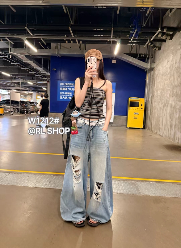 Rl2026 New Summer Style American Retro Ripped Wide-Leg Jeans for Women, Loose Fit, Slimming, Versatile, Floor-Length Pants 1212