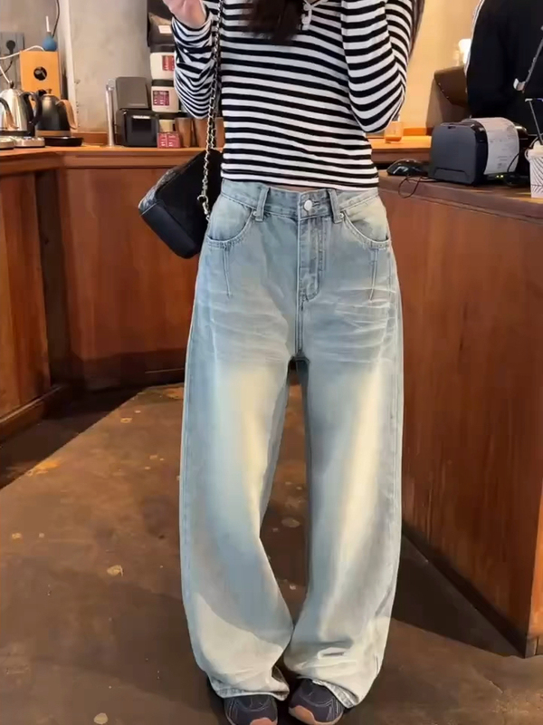 Rl2026 New Summer Style American-Style Creased and Distressed Wide-Leg Jeans for Women, Slimming Loose Straight-Leg Floor-Length Pants Y215