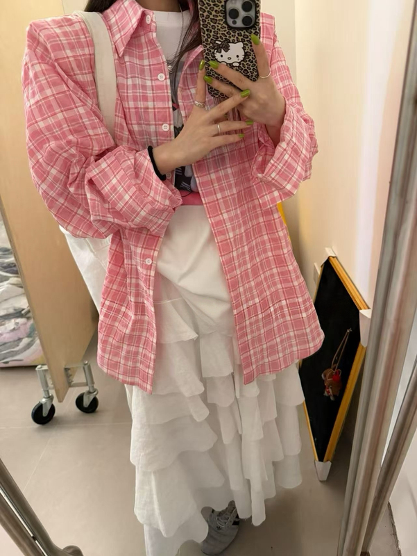 Dongroom2026 Summer Fashion Casual Versatile Pink Plaid Shirt Long-Sleeved Lapel Lazy Style Sun Protection Clothing