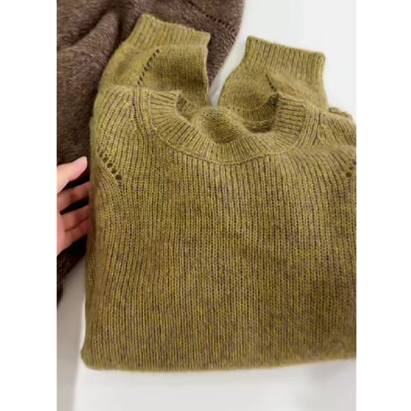 Left Ear Recommends! Mustard Yellow Korean-Style Round-Neck Hollow-Out Drop-Shoulder Knit Sweater, a Versatile Autumn Sweater with a Relaxed Feel