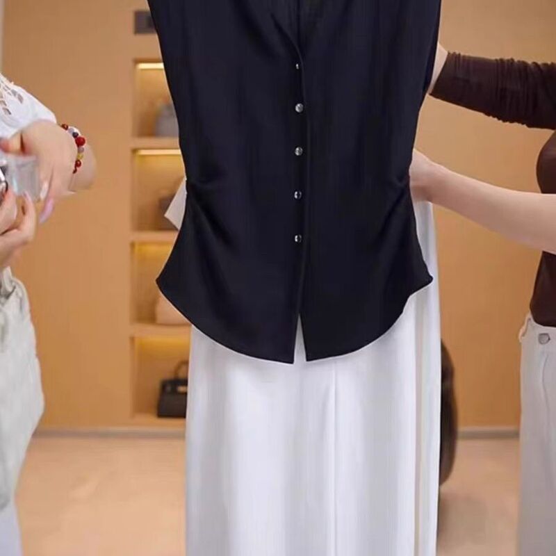 French-Style White V-Neck Linen Shirt for Women, Sleeveless Vest, New Summer Style, Waist-Cinching Slimming Top, Elegant Thin Blouse